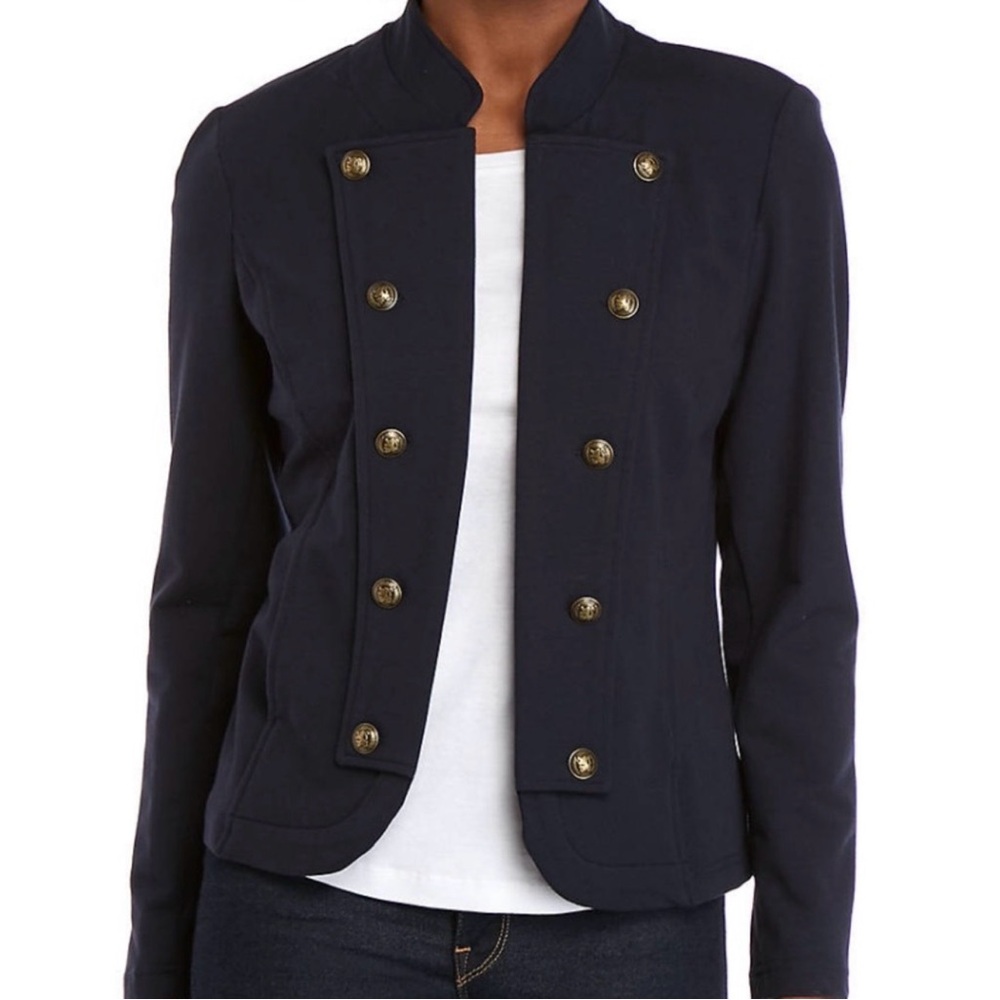 Tommy Hilfiger Navy Blue Military Jacket Blazer Gold Button Stretch Women L
